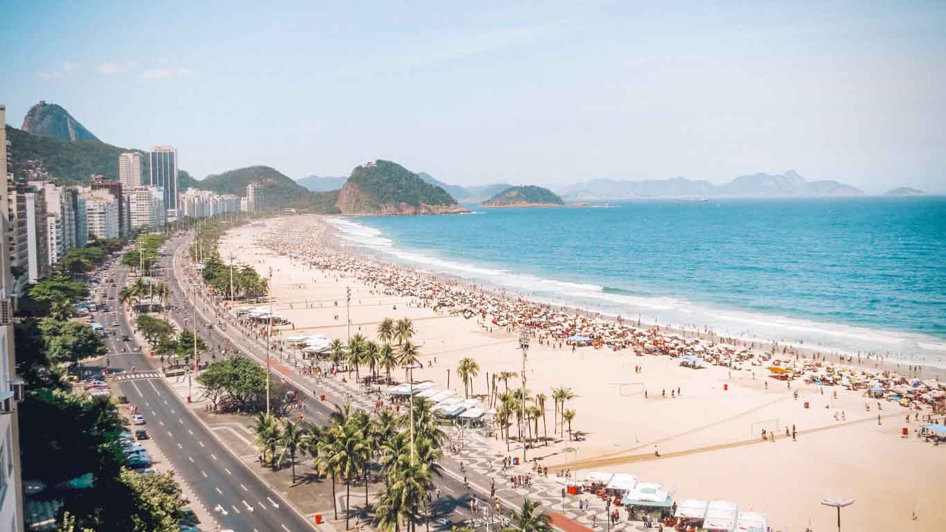 El paseo marítimo de Copacabana, la zona donde se encuentra los mejores hoteles en Copacabana, vista desde lo alto, con el paseo marítimo lleno de bañistas y el mar y el cielo azul encontrándose en el horizonte.