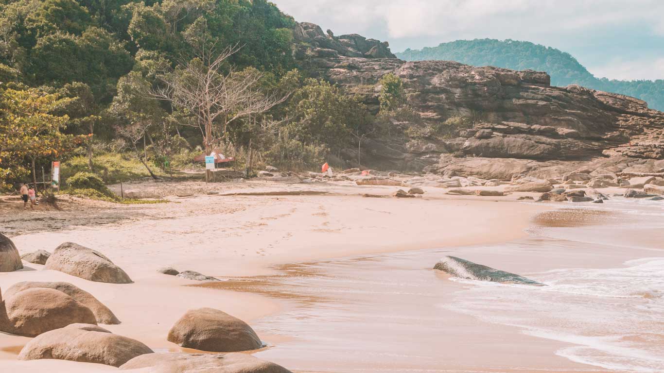 Esta imagen muestra una vista de la Praia do Cepilho en Trindade, Brasil. La playa tiene un ambiente natural y tranquilo, con grandes rocas dispersas a lo largo de la orilla y una vegetación densa que rodea la zona. En la parte trasera, se puede ver a dos personas caminando hacia la playa desde un sendero entre los árboles. Las olas llegan suavemente a la orilla de la arena dorada, y las formaciones rocosas en el fondo añaden un toque dramático al paisaje.